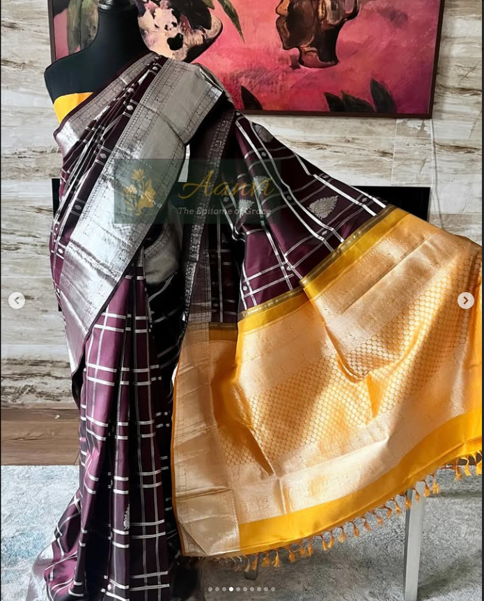 Vaidehi – Chocolate Brown Kattam Kanjeevaram with Pure Silver Zari