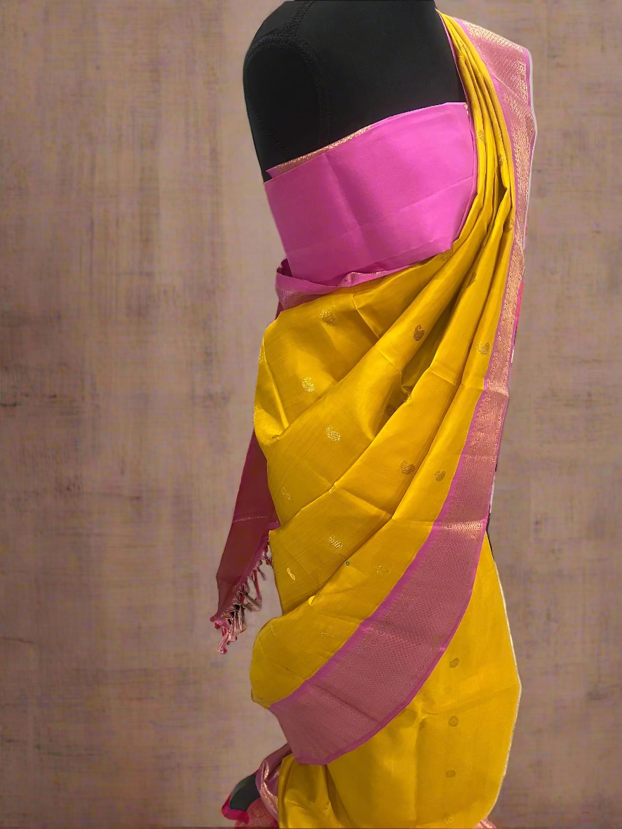 Lalitha (ಲಲಿತಾ) – Turmeric yellow & Powder Pink Korvai Kanjeevaram Pure Silk Saree