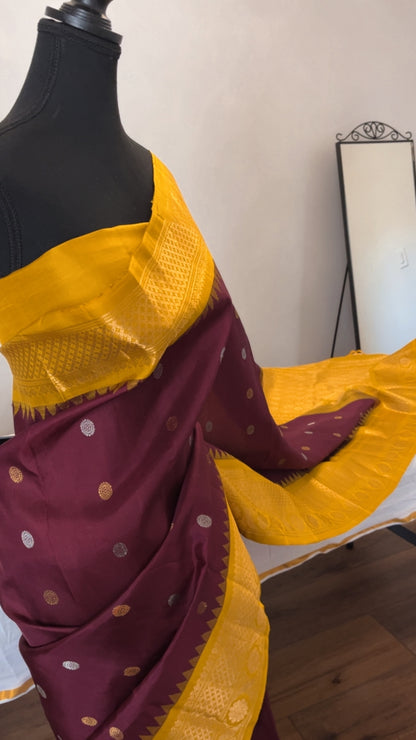 Harini (ಹರಿಣಿ) – Wine & Mustard Yellow Gadwal Pure Silk Saree