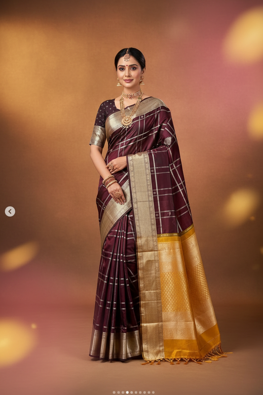 Vaidehi – Chocolate Brown Kattam Kanjeevaram with Pure Silver Zari
