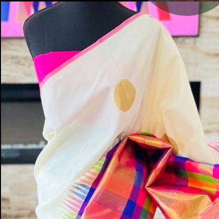 Gowri (ಗೌರಿ) – Handwoven Pearl White Kanjeevaram Saree with Multicolour Border