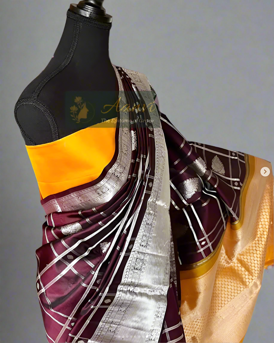 Vaidehi – Chocolate Brown Kattam Kanjeevaram with Pure Silver Zari