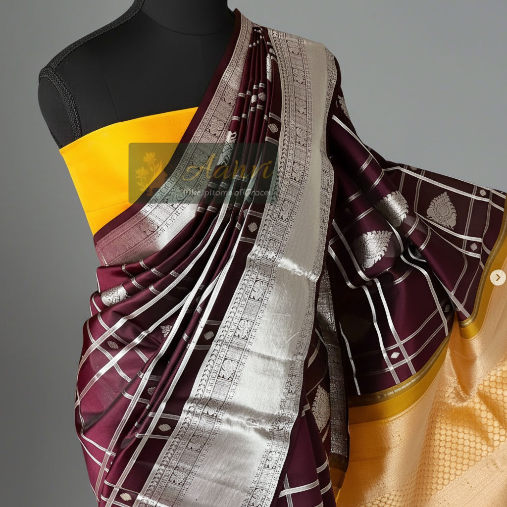 Vaidehi – Chocolate Brown Kattam Kanjeevaram with Pure Silver Zari