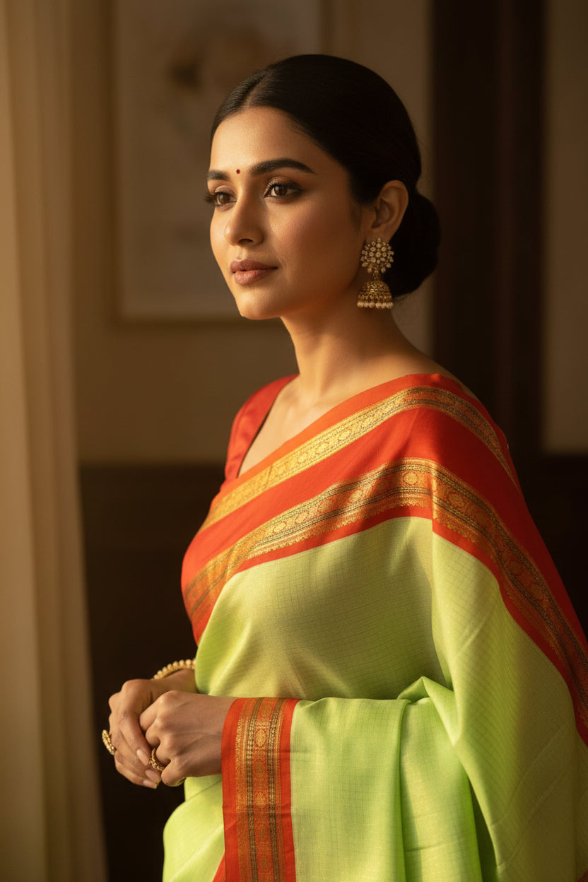 Hemavathi – Elegant Pista Green Korvai Checks Kanjeevaram saree
