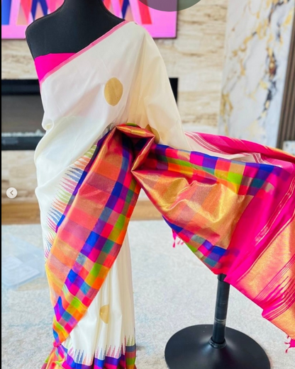 Gowri (ಗೌರಿ) – Handwoven Pearl White Kanjeevaram Saree with Multicolour Border