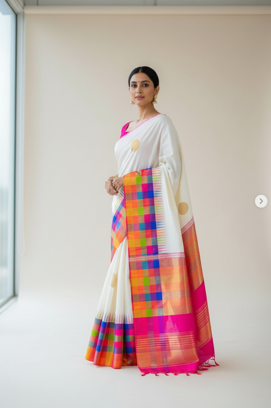Gowri (ಗೌರಿ) – Handwoven Pearl White Kanjeevaram Saree with Multicolour Border