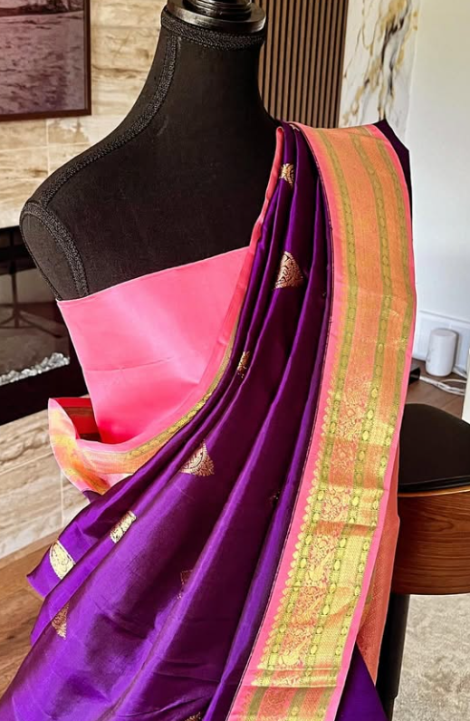 Sharvani – Traditional Korvai Kanjeevaram in Eggplant and Wild Rose with Gold Zari