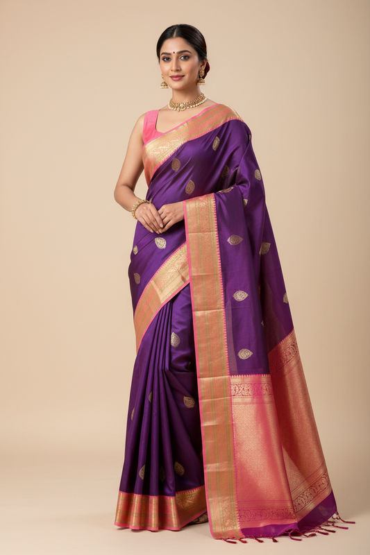 Sharvani – Traditional Korvai Kanjeevaram in Eggplant and Wild Rose with Gold Zari