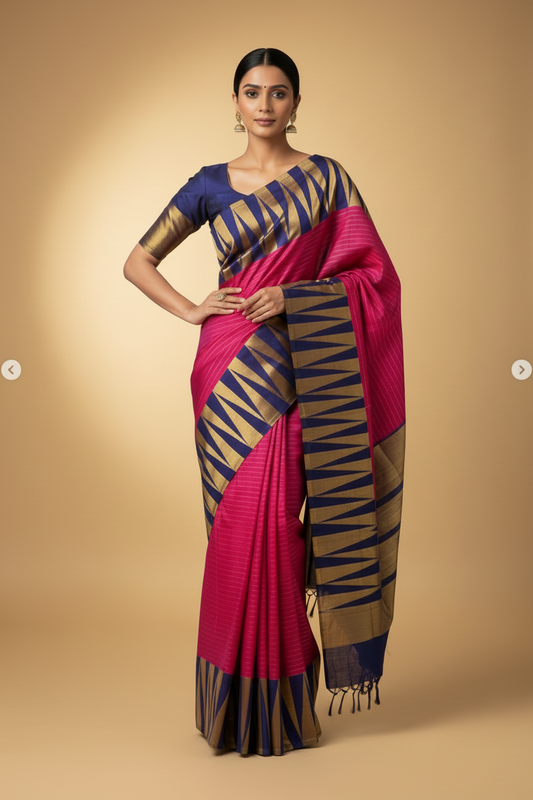 Ranjini – Oil Red & Blue 8 Kol Kanjeevaram Pure Silk Saree