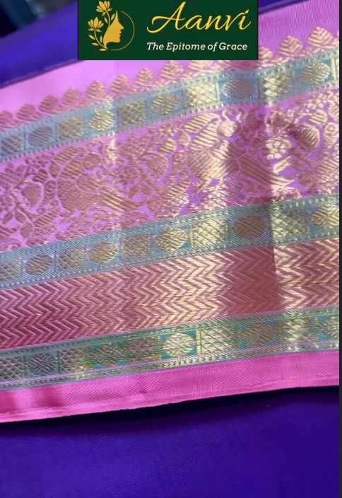 Sharvani – Traditional Korvai Kanjeevaram in Eggplant and Wild Rose with Gold Zari