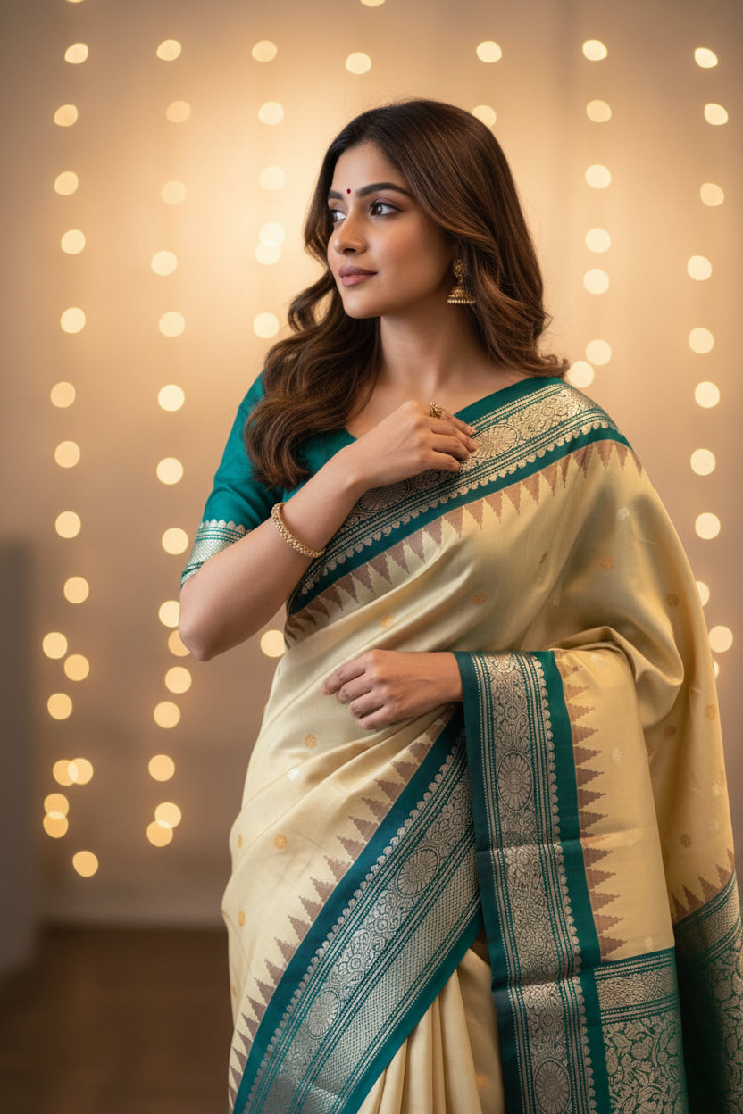 Anvitha (ಅನ್ವಿತಾ) – Beige & Teal Green Gadwal Pure Silk Saree