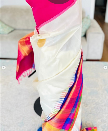 Gowri (ಗೌರಿ) – Handwoven Pearl White Kanjeevaram Saree with Multicolour Border