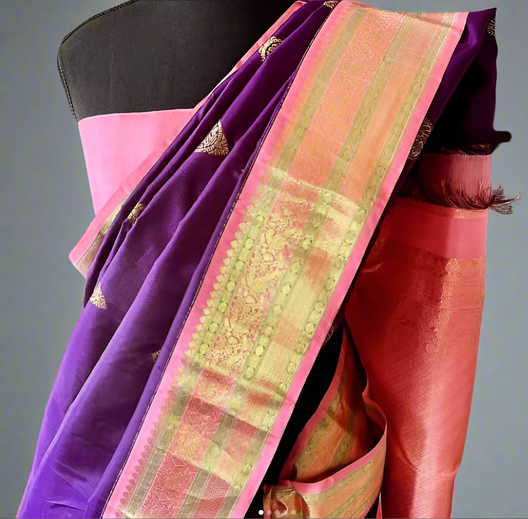 Sharvani – Traditional Korvai Kanjeevaram in Eggplant and Wild Rose with Gold Zari