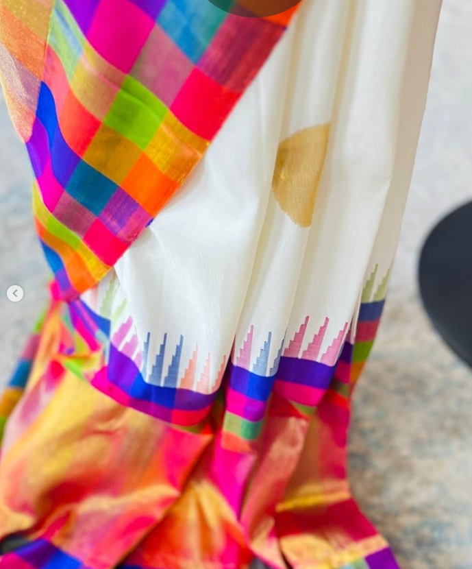 Gowri (ಗೌರಿ) – Handwoven Pearl White Kanjeevaram Saree with Multicolour Border
