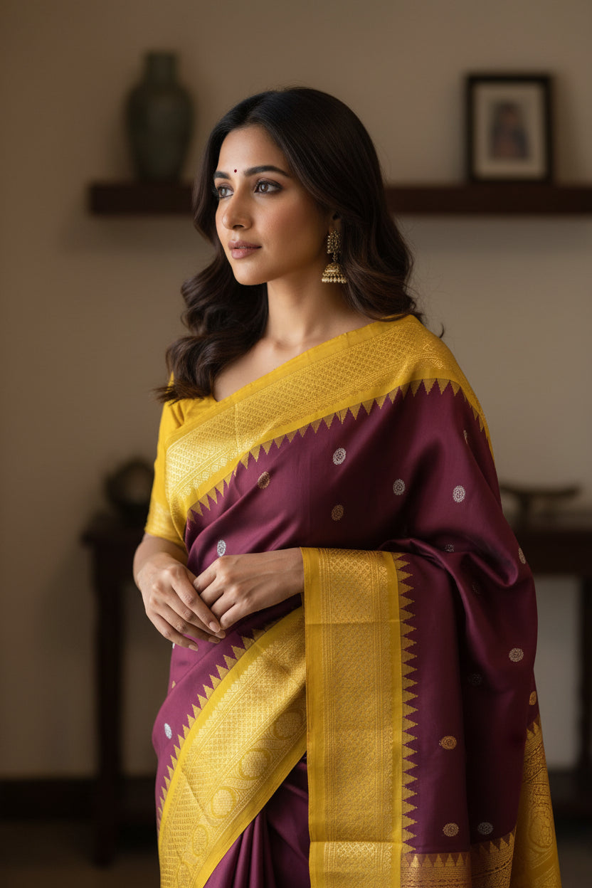 Harini (ಹರಿಣಿ) – Wine & Mustard Yellow Gadwal Pure Silk Saree