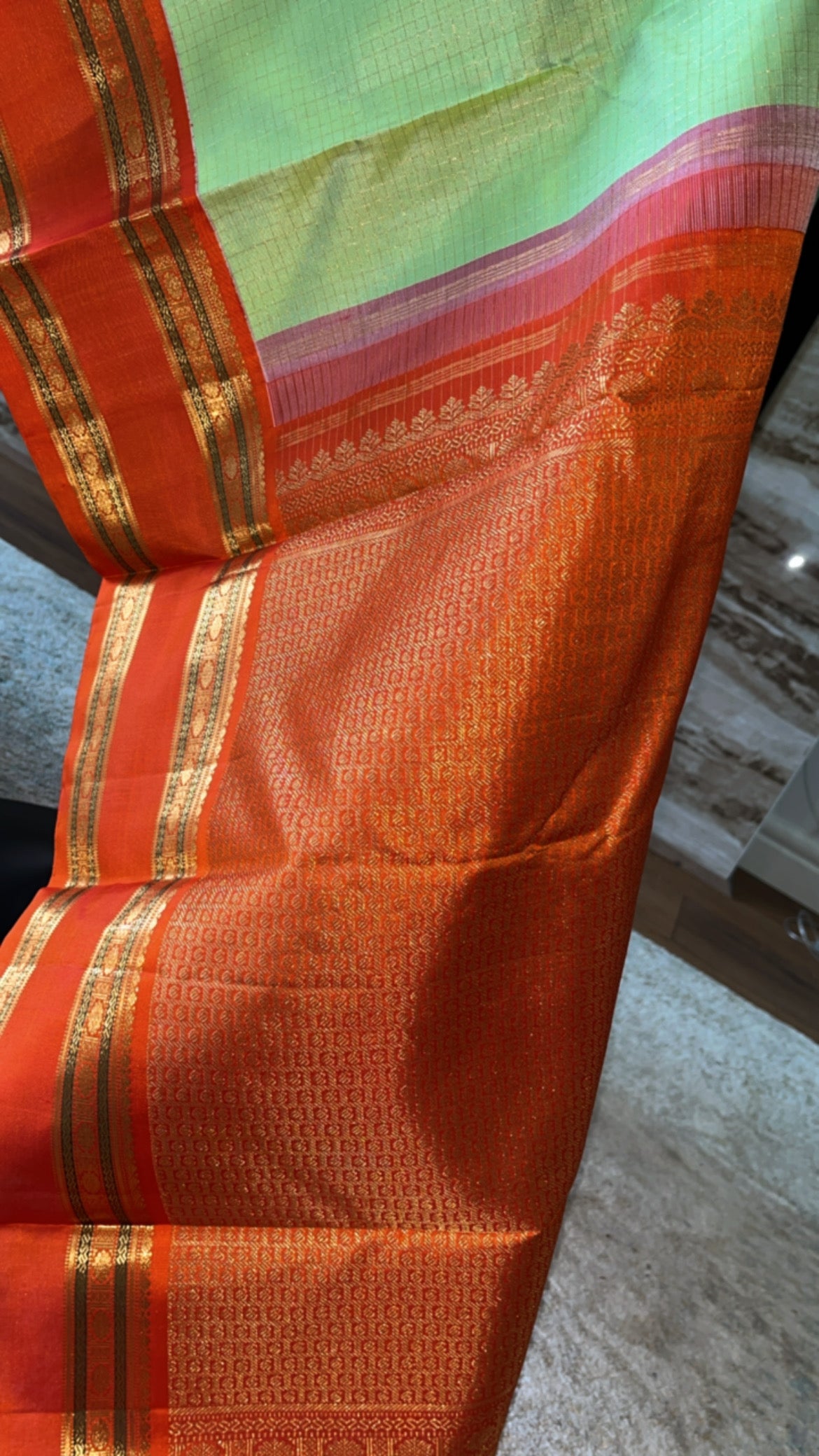 Hemavathi – Elegant Pista Green Korvai Checks Kanjeevaram saree