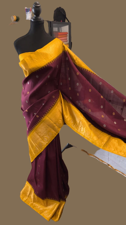 Harini (ಹರಿಣಿ) – Wine & Mustard Yellow Gadwal Pure Silk Saree