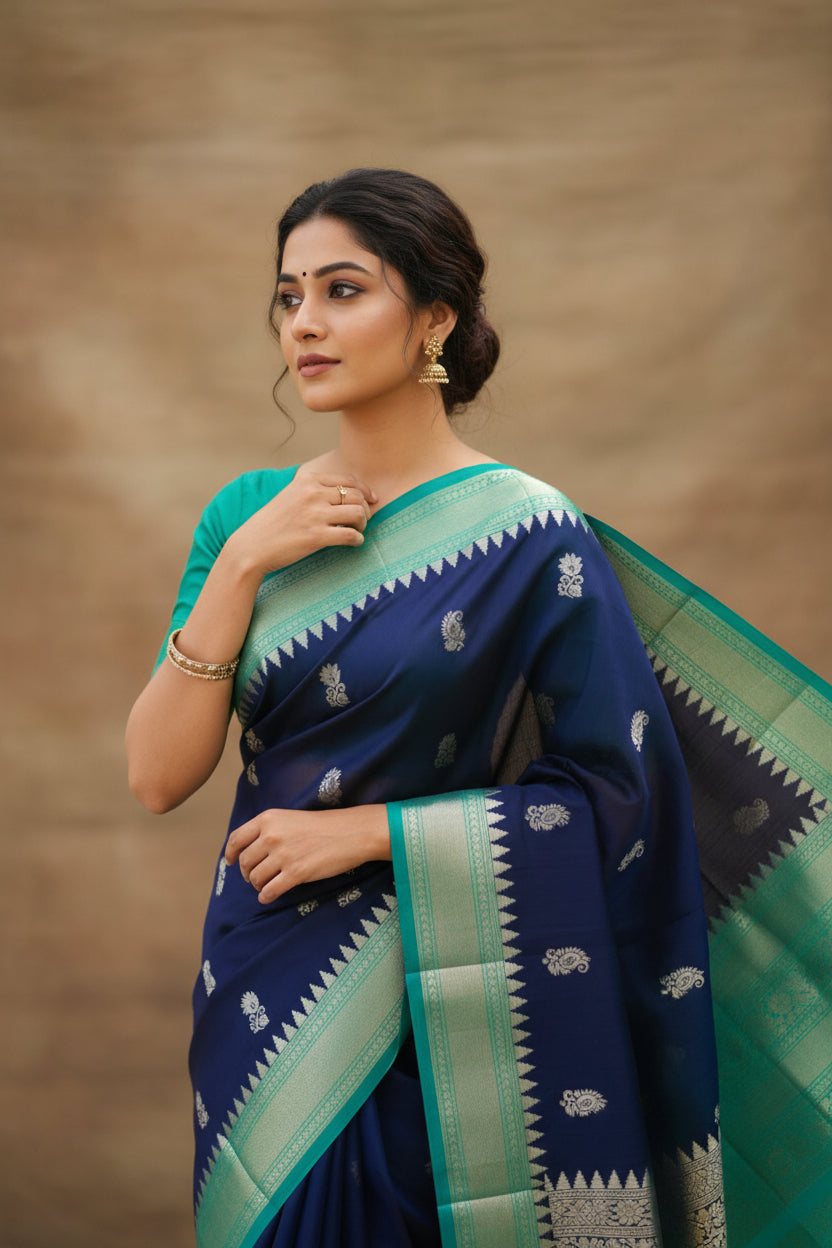 Navneeta (ನವನೀತಾ) – Navy Blue & Aqua Green Gadwal Pure Silk Saree