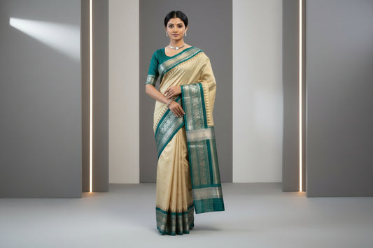 Anvitha (ಅನ್ವಿತಾ) – Beige & Teal Green Gadwal Pure Silk Saree