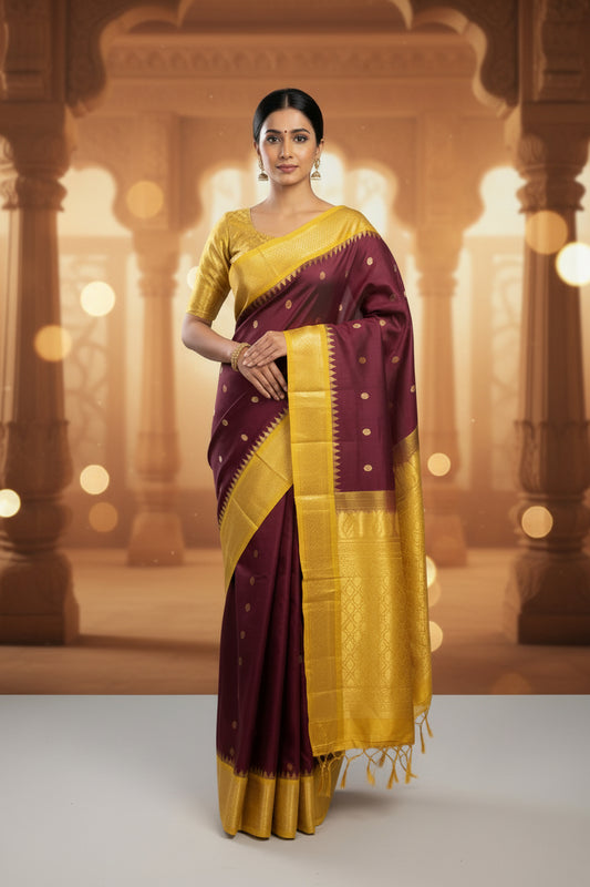 Harini (ಹರಿಣಿ) – Wine & Mustard Yellow Gadwal Pure Silk Saree