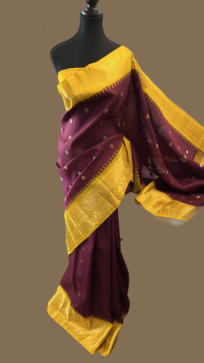 Harini (ಹರಿಣಿ) – Wine & Mustard Yellow Gadwal Pure Silk Saree