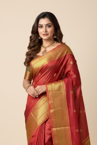 Kalyani (ಕಲ್ಯಾಣಿ) – Rust Orange & Golden Green Kanjeevaram Pure Silk Saree