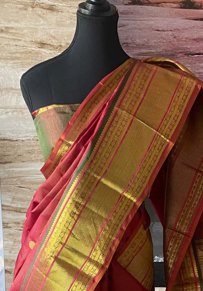 Kalyani (ಕಲ್ಯಾಣಿ) – Rust Orange & Golden Green Kanjeevaram Pure Silk Saree