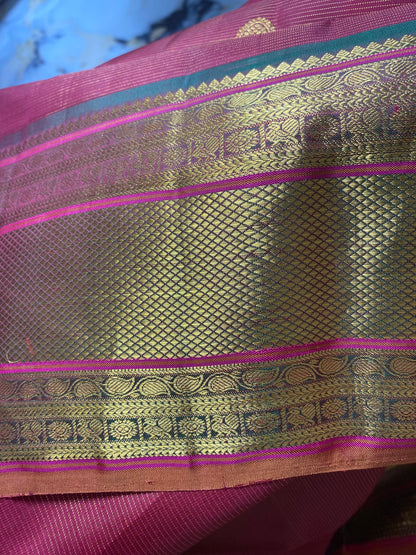 Kalyani (ಕಲ್ಯಾಣಿ) – Rust Orange & Golden Green Kanjeevaram Pure Silk Saree