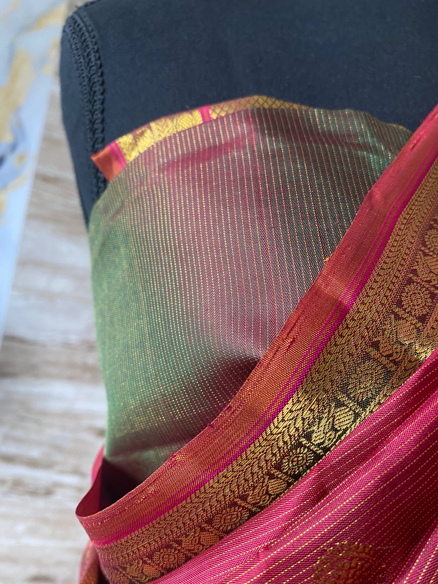 Kalyani (ಕಲ್ಯಾಣಿ) – Rust Orange & Golden Green Kanjeevaram Pure Silk Saree