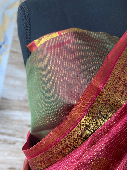 Kalyani (ಕಲ್ಯಾಣಿ) – Rust Orange & Golden Green Kanjeevaram Pure Silk Saree