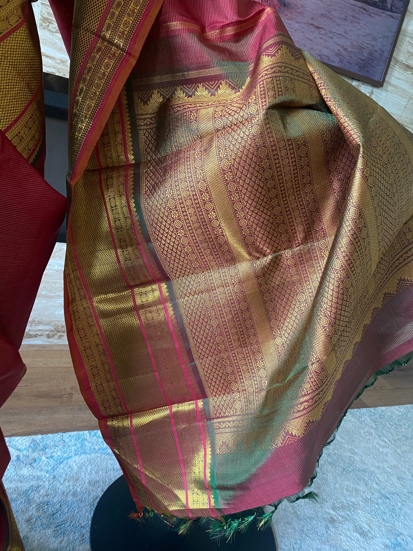 Kalyani (ಕಲ್ಯಾಣಿ) – Rust Orange & Golden Green Kanjeevaram Pure Silk Saree