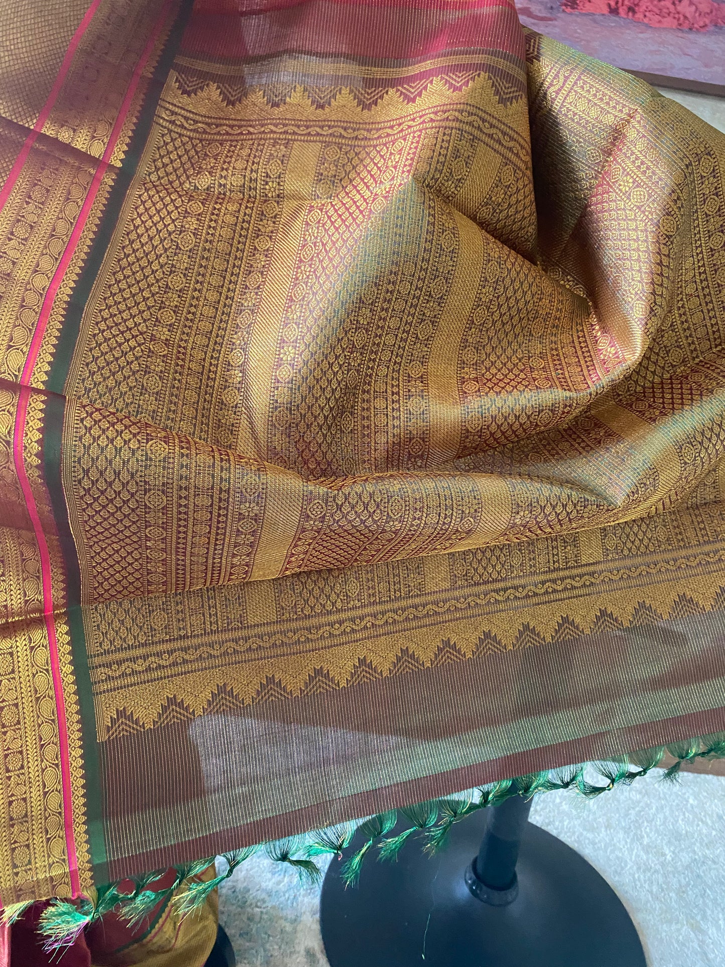 Kalyani (ಕಲ್ಯಾಣಿ) – Rust Orange & Golden Green Kanjeevaram Pure Silk Saree