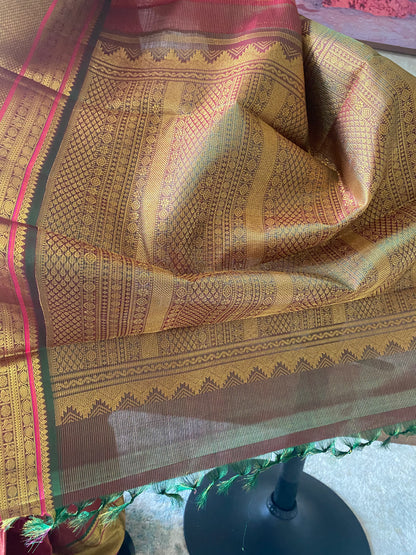 Kalyani (ಕಲ್ಯಾಣಿ) – Rust Orange & Golden Green Kanjeevaram Pure Silk Saree