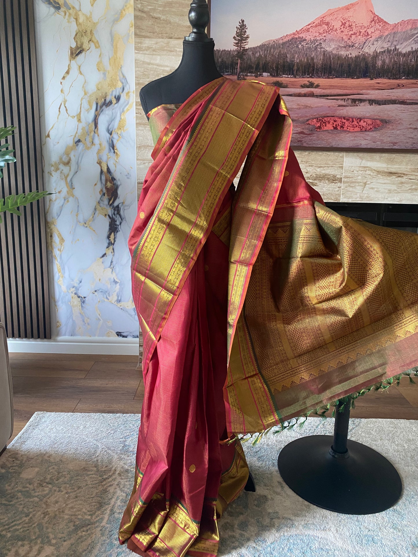 Kalyani (ಕಲ್ಯಾಣಿ) – Rust Orange & Golden Green Kanjeevaram Pure Silk Saree