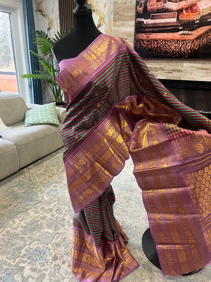 Tanirika (ತನಿರಿಕಾ) – Maroon & Ram Green Stripes with Lavender Pink Gadwal Pure Silk Saree