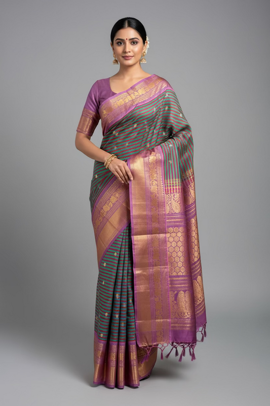 Tanirika (ತನಿರಿಕಾ) – Maroon & Ram Green Stripes with Lavender Pink Gadwal Pure Silk Saree