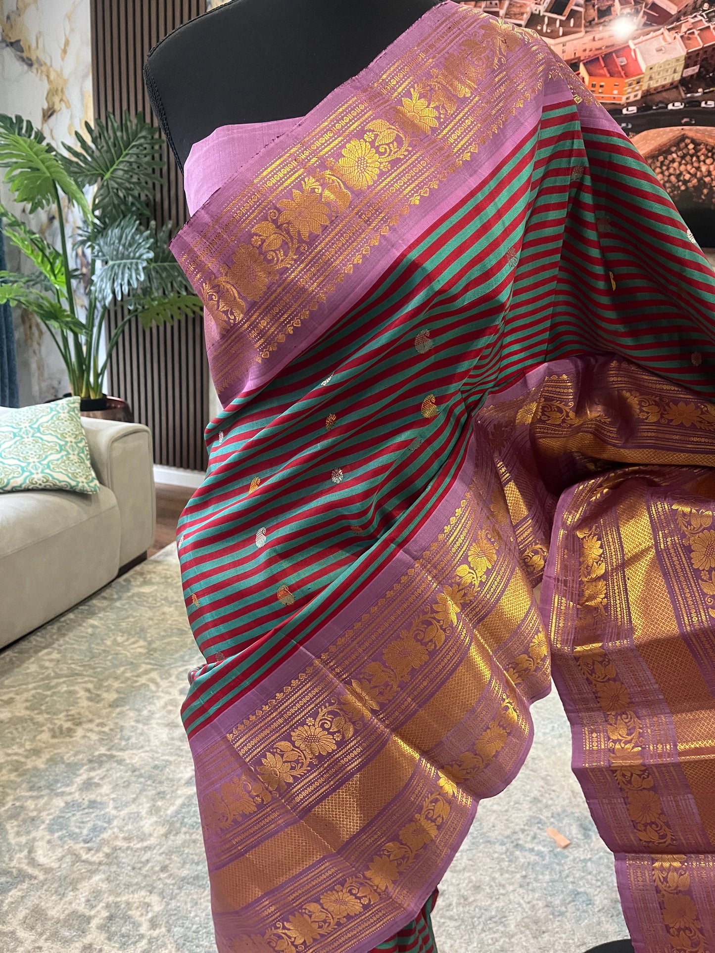 Tanirika (ತನಿರಿಕಾ) – Maroon & Ram Green Stripes with Lavender Pink Gadwal Pure Silk Saree