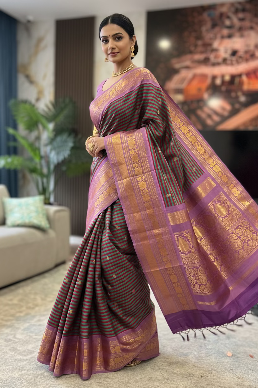 Tanirika (ತನಿರಿಕಾ) – Maroon & Ram Green Stripes with Lavender Pink Gadwal Pure Silk Saree