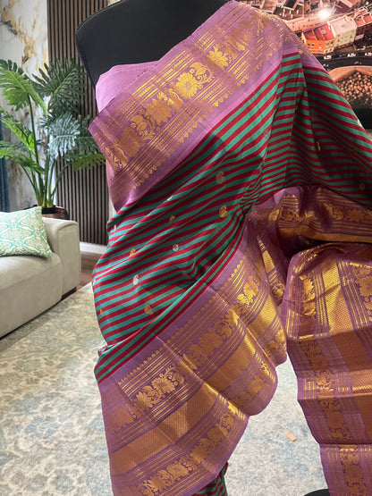 Tanirika (ತನಿರಿಕಾ) – Maroon & Ram Green Stripes with Lavender Pink Gadwal Pure Silk Saree
