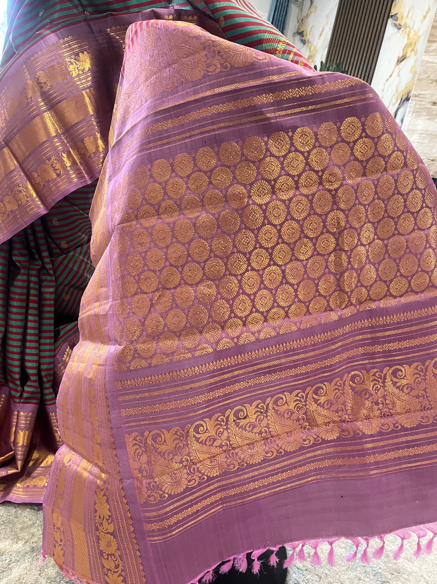 Tanirika (ತನಿರಿಕಾ) – Maroon & Ram Green Stripes with Lavender Pink Gadwal Pure Silk Saree
