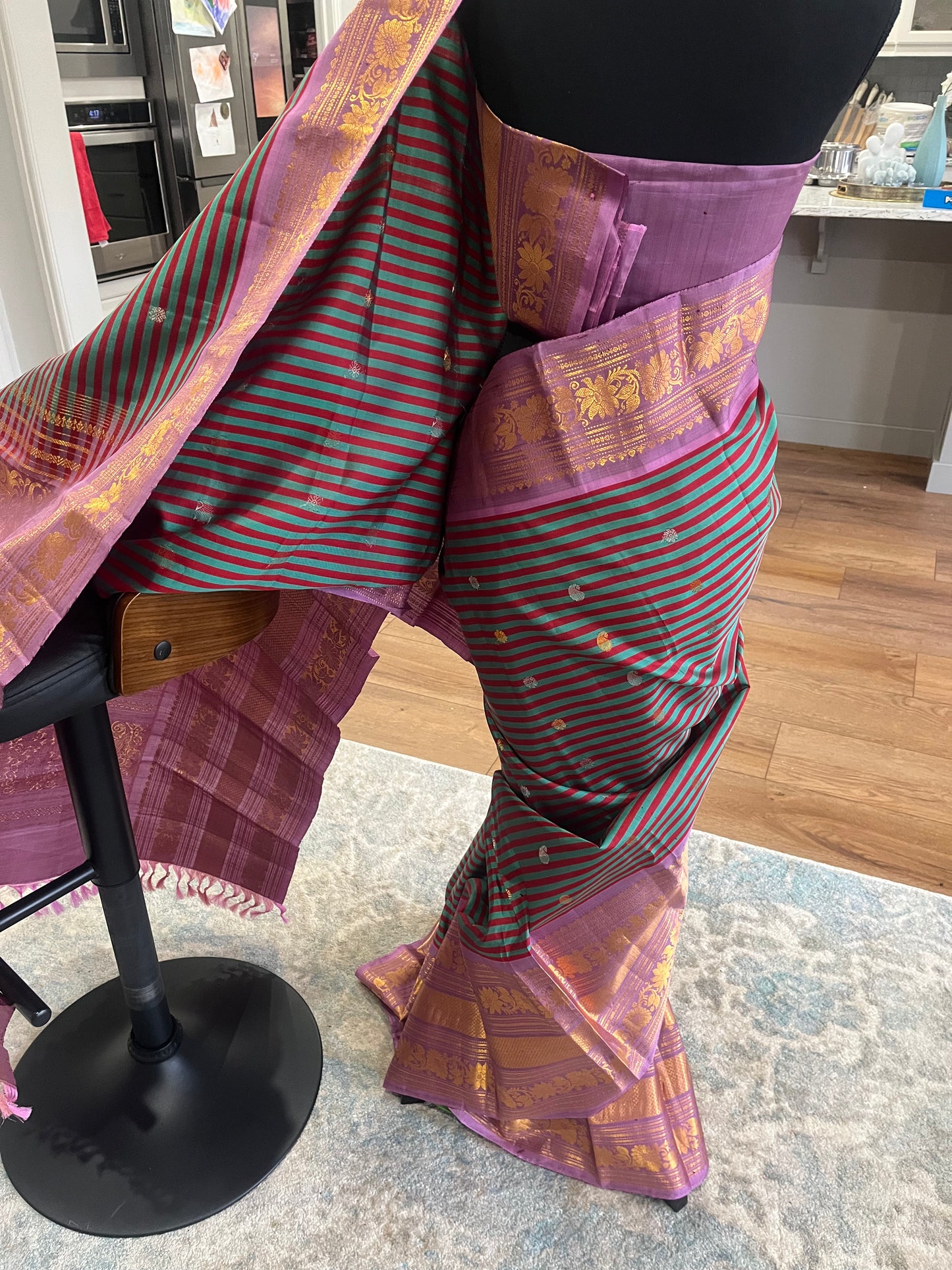 Tanirika (ತನಿರಿಕಾ) – Maroon & Ram Green Stripes with Lavender Pink Gadwal Pure Silk Saree