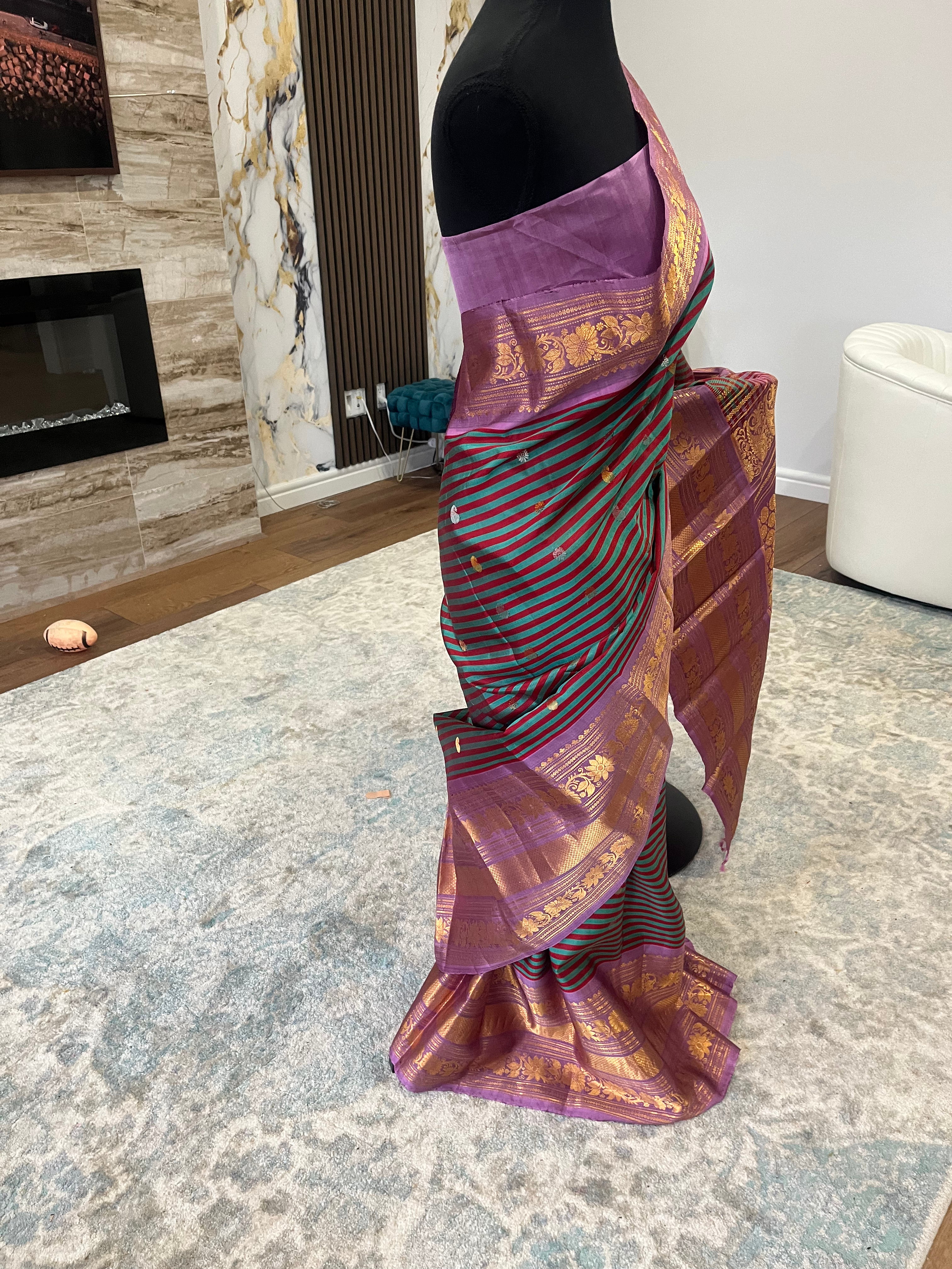 Tanirika (ತನಿರಿಕಾ) – Maroon & Ram Green Stripes with Lavender Pink Gadwal Pure Silk Saree