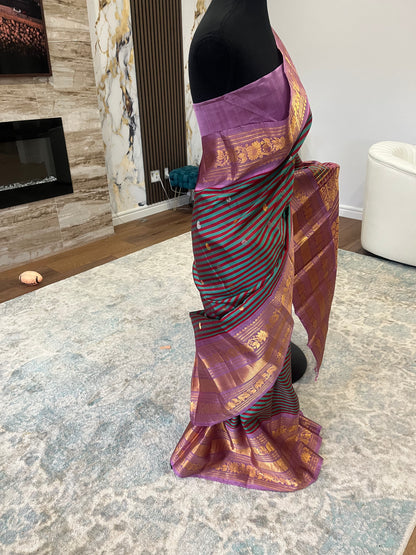 Tanirika (ತನಿರಿಕಾ) – Maroon & Ram Green Stripes with Lavender Pink Gadwal Pure Silk Saree