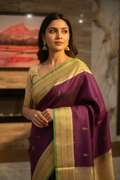 Vasundhara – Wine Red & Pearl White Kanjeevaram Pure Silk Saree