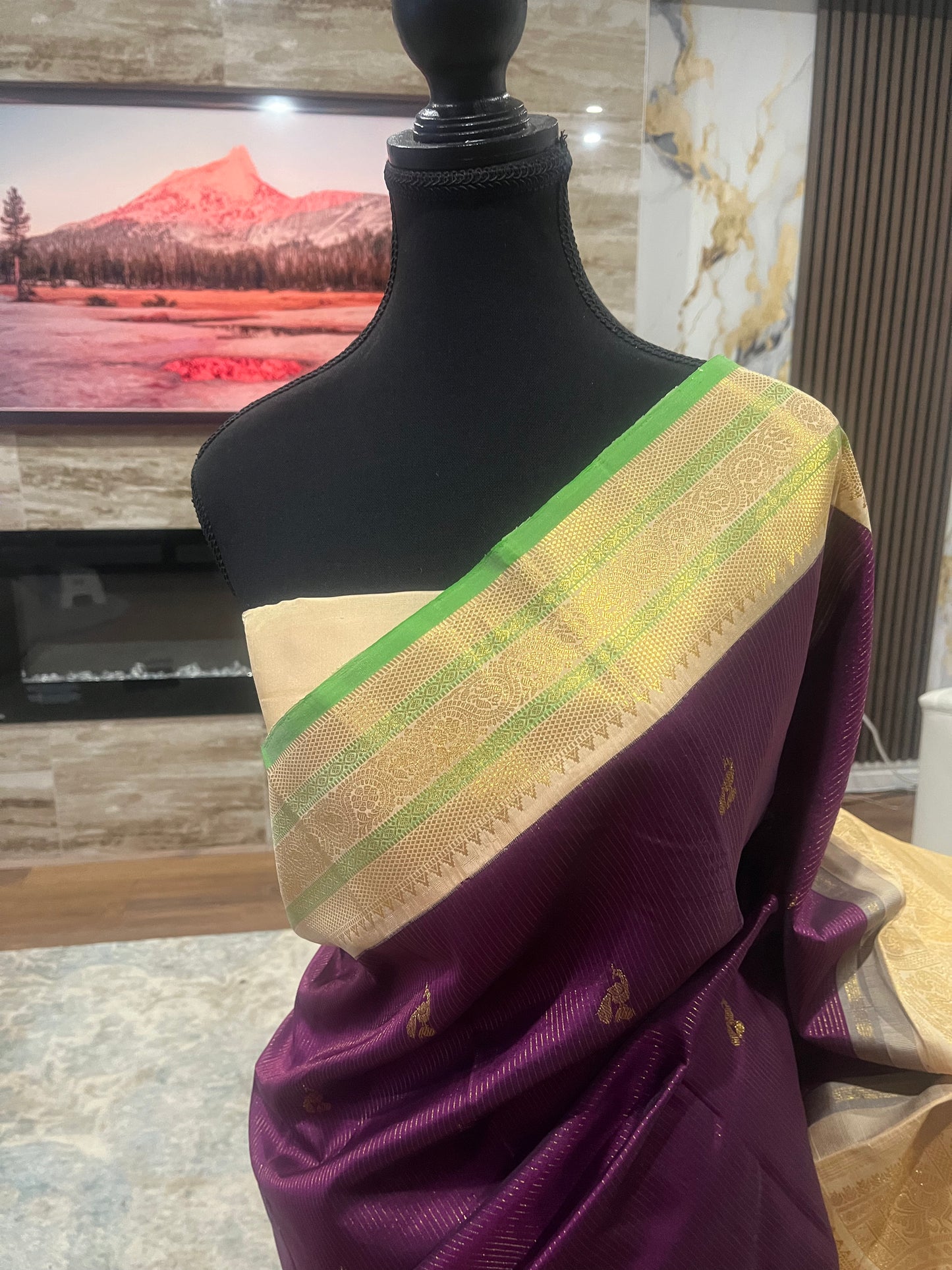 Vasundhara – Wine Red & Pearl White Kanjeevaram Pure Silk Saree