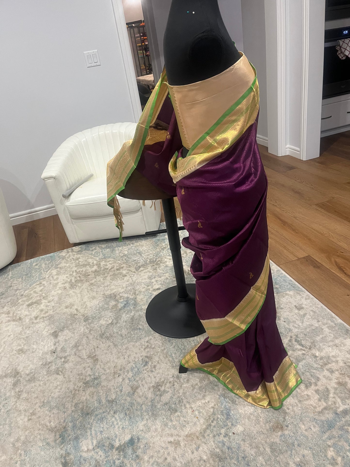 Vasundhara – Wine Red & Pearl White Kanjeevaram Pure Silk Saree