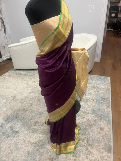 Vasundhara – Wine Red & Pearl White Kanjeevaram Pure Silk Saree