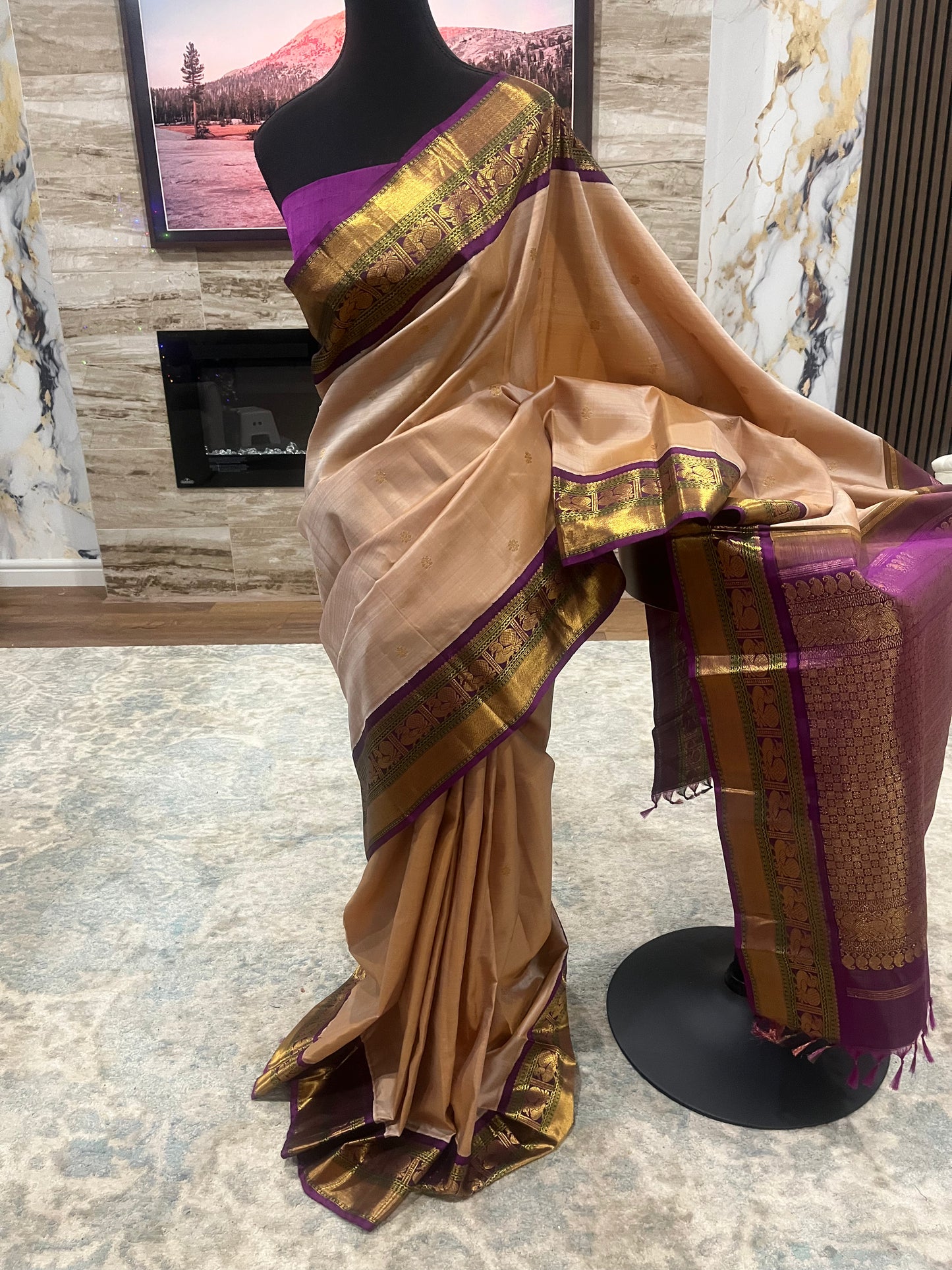 Sharada – Sandalwood and Purple Kanjeevaram Pure Silk Saree