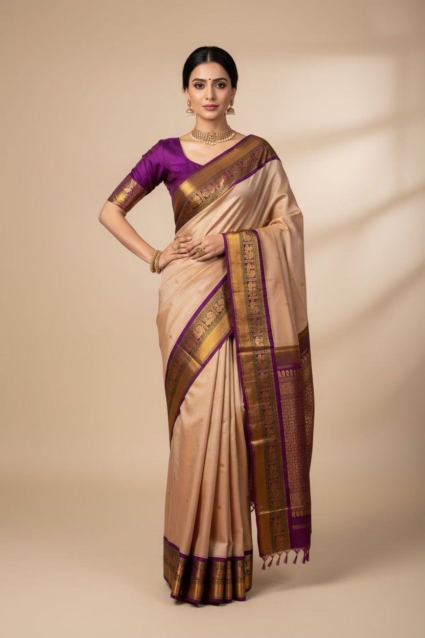 Sharada – Sandalwood and Purple Kanjeevaram Pure Silk Saree