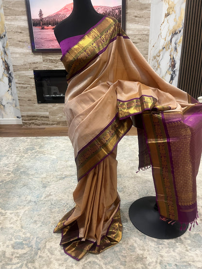 Sharada – Sandalwood and Purple Kanjeevaram Pure Silk Saree